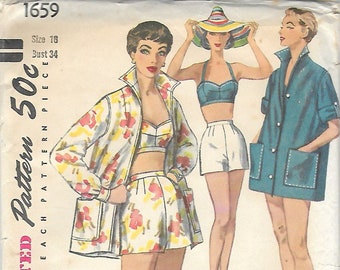 Vintage 1956 Simplicity 1659 Misses' Three-Piece Playsuit Sewing Pattern Size 16 Bust 34" UNCUT FF