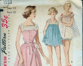 Vintage 1956 Simplicity 1553 Shortie Nightgown & Panties Sewing Pattern Size 14 Bust 32"