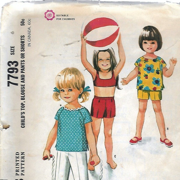 1965 McCall's 7793 Child's Top, Blouse & Pants Or Shorts Sewing Pattern Size 6 Breast 24"