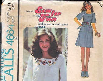 Vintage 1975 McCall's 4664 Young Junior/ Teen Sizes Retro Dress Or Top And Belt & Granny Bag Sewing Pattern Size 13/14 Bust 33 1/2" UNCUT FF