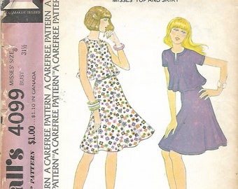 1974 McCall's 4099 Misses Retro Top & Skirt For Unbonded Stretchable Knits Sewing Pattern Size 8 Bust 31 1/2" UNCUT FF