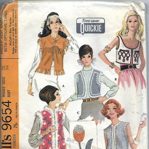 May include: A sewing pattern for four different vests. The vests are shown on four different models. The pattern is called McCall's 9654 and is for misses sizes 12-34. The pattern includes a transfer sheet. The pattern is 75 cents and is available in Canada for 85 cents.