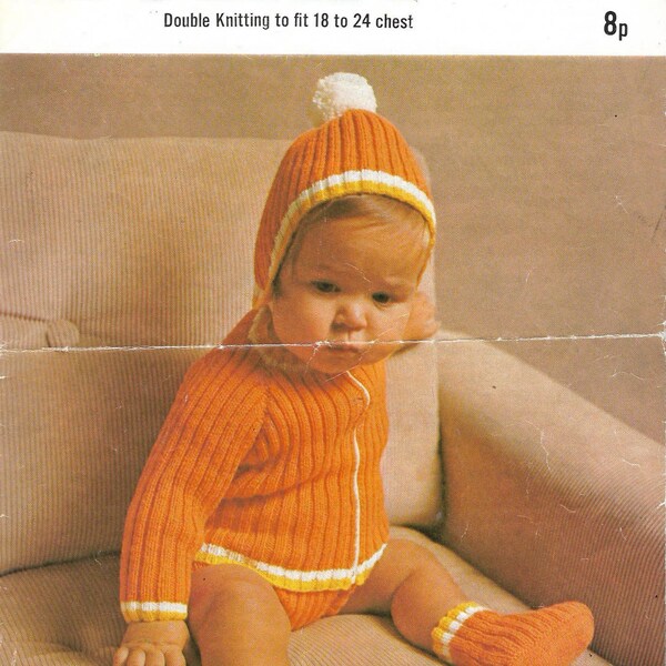 Vintage 1970's Robin 2048 Double Knitting Baby Pram Set Knitting Pattern Size Chest 18" to 24"