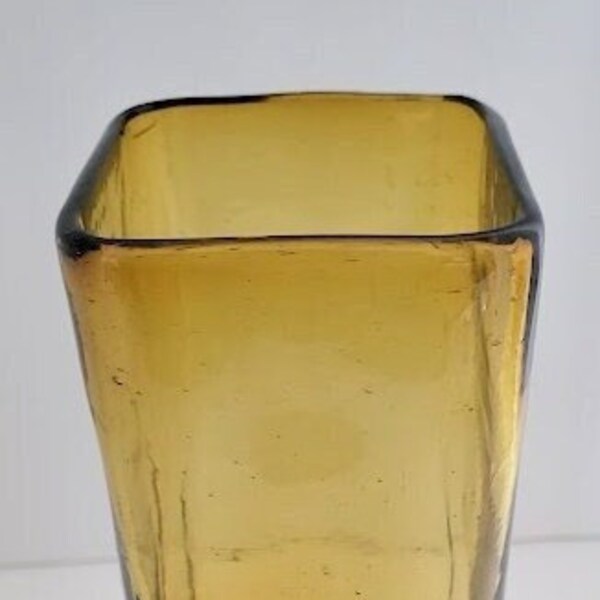 Vintage Hand Blown 6 1/2" tall x 2 1/2" Square Amber Colored Art Glass Vase With Bubbles