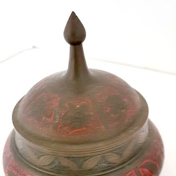 1950's Red Enameled Decorative Brass Lidded Container Made In India
