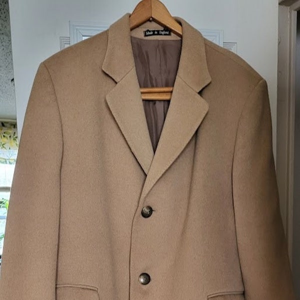 Vintage Men's Camel Cashmere & Wool Single Breasted Top Coat Overcoat Made in Great Britain Size 40-42