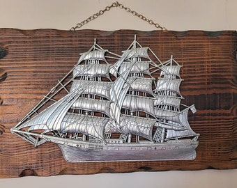 1970's Silver Metal Sailing Ship on Wood Plaque Made In Hong Kong