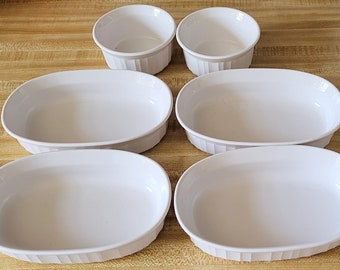 Vintage Corning Ware 4 French White F-15-B, 475ml 16 oz Individual Casseroles,  & 2 Corning Ware French White 7oz 200ml Ramekins