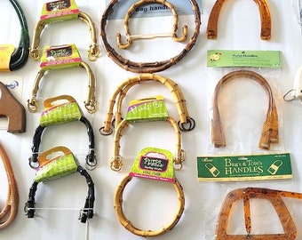 19 Vintage & Unused Handbag Handles Wood, Plastic, Lucite, Bamboo, Metal Plus Findings