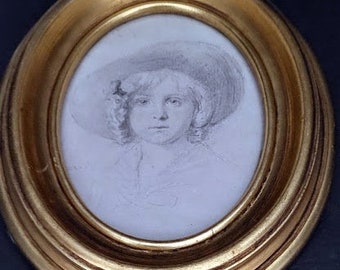 Antique Pencil Drawing Girl In A Hat Gold Oval Frame