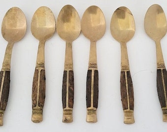 6 Vintage 1950's Brass & Rosewood Inlay Handle Demitasse, Teaspoons Thailand