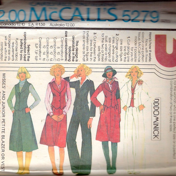 Vintage 1976 McCall's 5279 Retro Blazer or Vest, Skirt, Culottes & Pants Sewing Pattern Size B 8,10,12 Bust 31 1/2",32 1/2",34"  UNCUT