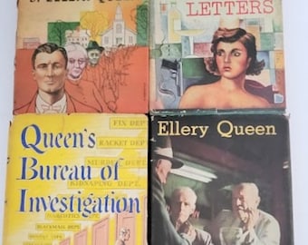 4 1950's Ellery Queen Detective Novels, Glass village, Scarlet Letters, Bureau of Investigations, Queen's Own Case, HB Book With Dust Cover