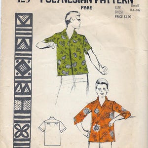 May include: Vintage sewing pattern for a Polynesian shirt. The pattern is for a size small, 34-36 chest. The pattern is called "PAKE" and is priced at $1.00. The pattern includes two illustrations of men wearing the shirt.