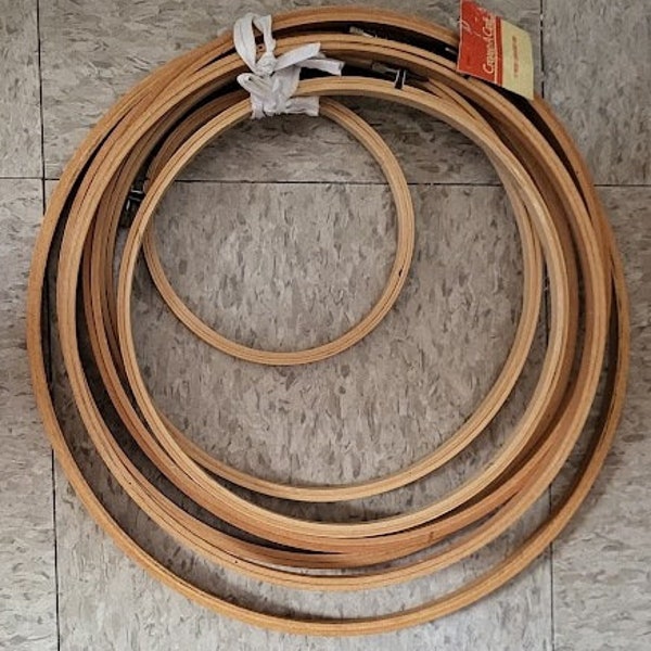 7 Wooden Embroidery Hoops Screw Tension Made In Taiwan 1 x 14", 3 x 12", 2 x 10", 1 x 6" plus 2 Small Plastic Hoops