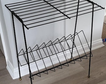 Vintage 1960's Black Metal Record Player Stand With Gold Ball Feet