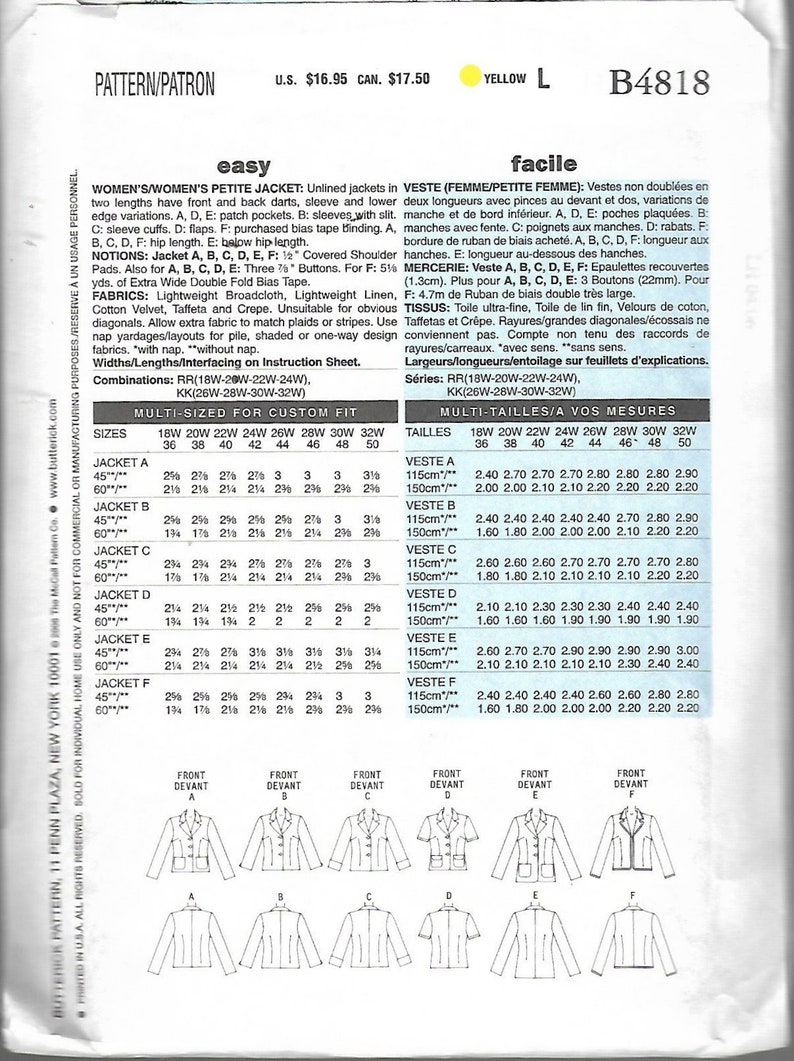 2006 Butterick 4818 Women's Jacket Sewing Pattern Sizes 18W 24W Bust 40 46 UNCUT FF image 2