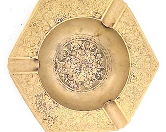 Vintage 1950's Solid Brass Raised Floral Design Hexagon Shaped  Ashtray India