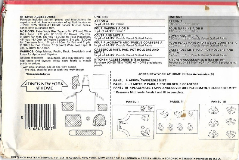 Coasters Vintage 1980/'s Butterick 4147 Kitchen Accessories Apron Placemats Oven Mitts Sewing Pattern One Size INCUT FF