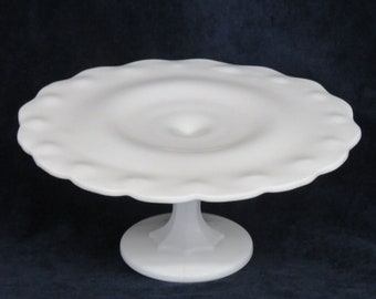 Vintage Indiana Glass Scalloped Edge Teardrop White Milk Glass 11'' Round Pedestal Cake Stand