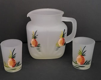 1940's Federal Glass Frosted Pineapple Pitcher 1 Quart Plus Two Matching Glasses