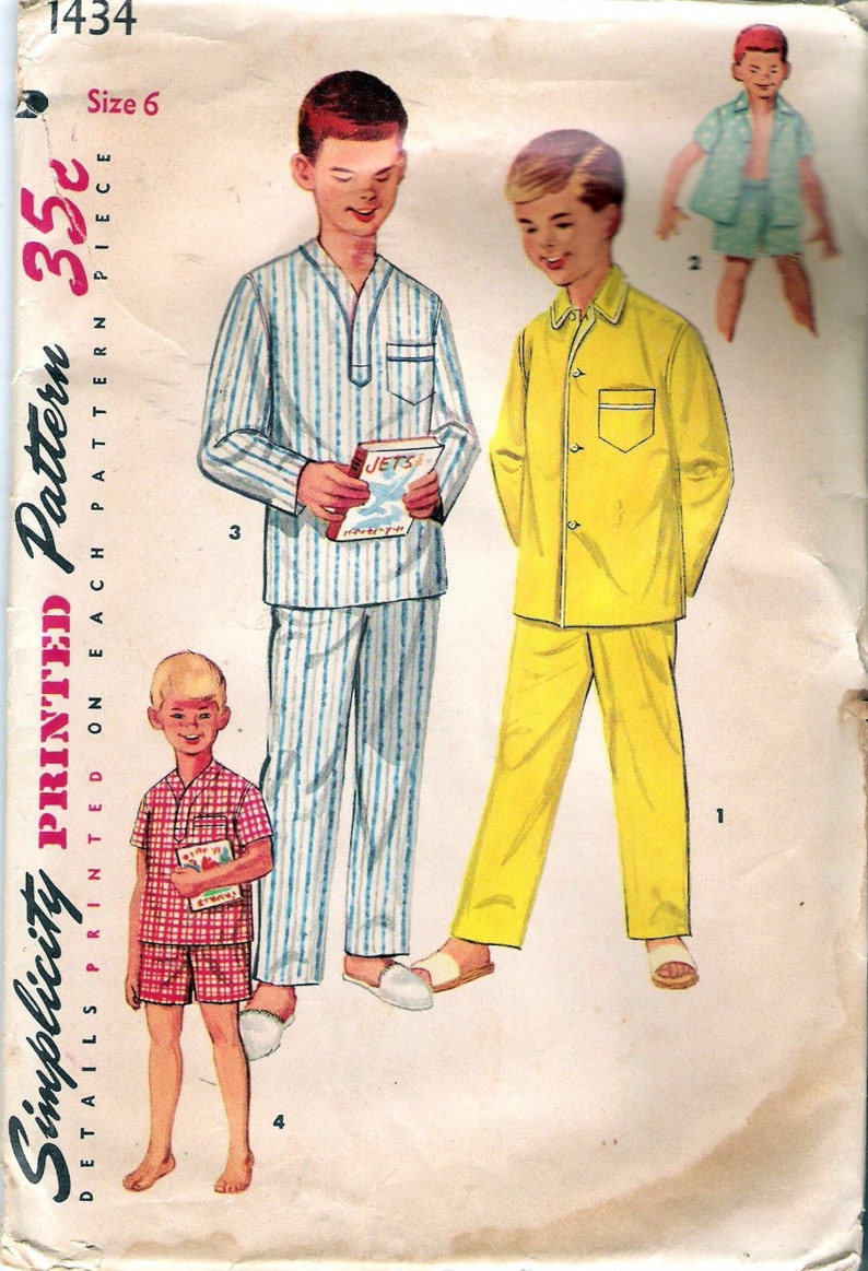 Vintage 1955 Simplicity 1434  Boys Pajamas in Two Lengths Sewing Pattern Size 6 Chest 24