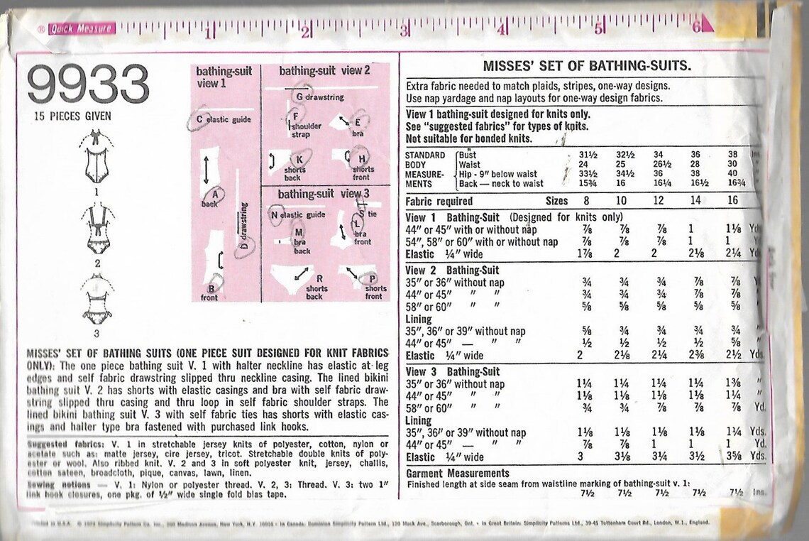 1972 Simplicity 9933 Misses Retro Set of Bathing Suits (one Piece Knit ...