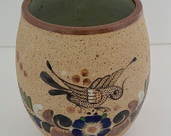 Vintage Signed Tonala Mexican Pottery Bird Glazed with Handle and Flower Detail Large 20 fl.oz. Mug