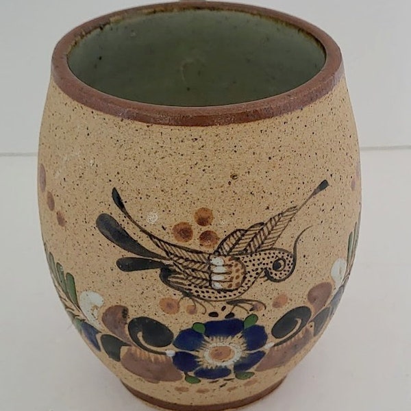 Vintage Signed Tonala Mexican Pottery Bird Glazed with Handle and Flower Detail Large 20 fl.oz. Mug