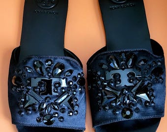 Tori Burch Delphine Black Satin Slides With Beaded Accents Leather Soles Size 7