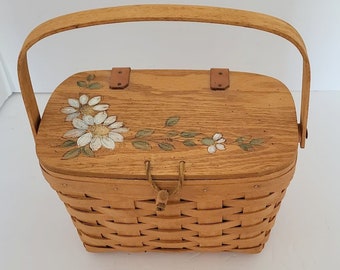 1993 Handwoven Hand Painted Flowers Longaberger Small Picnic Basket Or Handbag Dresden Ohio Double Signed