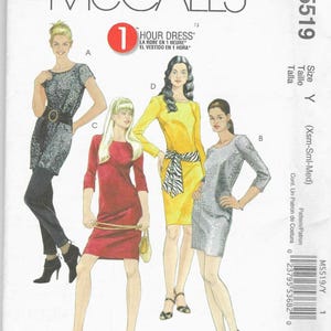 May include: McCall's M5519 sewing pattern featuring four dress designs. The pattern includes a variety of styles, including a short-sleeved dress, a long-sleeved dress, and a dress with a belt. The text "1 Hour Dress" is visible.