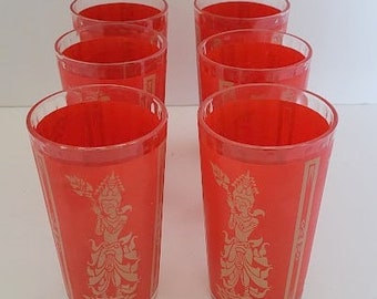 6 Vintage 1960's Culver Ltd Red Siam Thai Dancer 10 oz Ribbed Tumbler Glasses