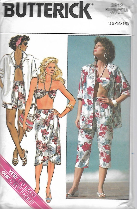 1986 Butterick 3912 Misses Shirt, Sarong Skirt, Pants, Shorts & Bra Sewing  Pattern Sizes 12-14-16 Bust 34 - 36 - 38