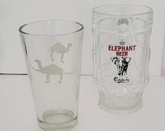 2 Vintage Beer Glasses Camel Beer Glass Cigarette Logo & Carlsberg Elephant Beer Square Dimpled Pedestal Beer Mug  France