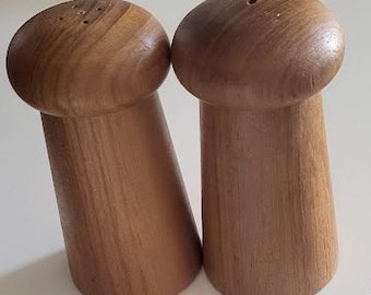 Mid-Century Teak Mushroom Shaped Salt & Pepper Shakers with Plastic Stoppers
