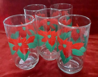 Vintage 1970's Set of 5 Indiana Glass Christmas Poinsettia 5 1/2" Tall Tumblers Drinking Glasses