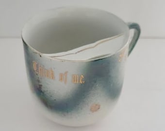 Antique "Think Of Me" Opalescent Decorated Teal Festoons & Gold Accents Moustache Mug