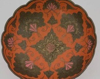 Vintage 1950's Heavy Solid Brass Orange Enameled & Pink Flowers Scalloped Edge Decorative Pedestal Bowl