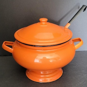 Vintage MCM Orange Enamelware Soup Tureen With Ladle