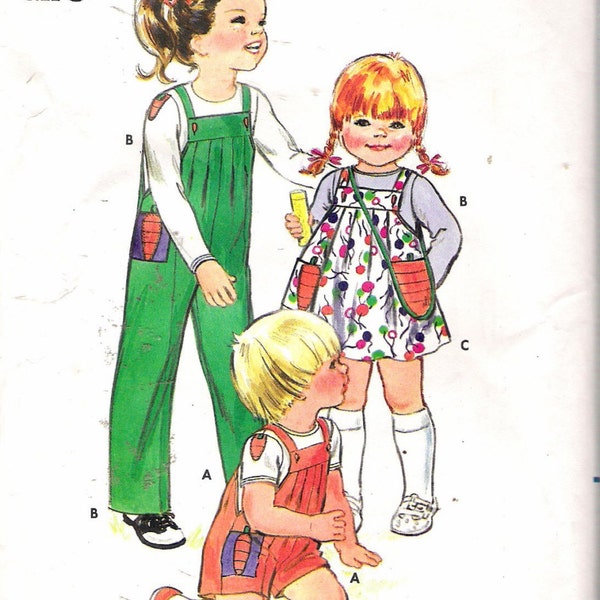 Vintage 1970's Butterick 4185 Ruth Scharf Children's Overalls, Jumper, T-Shirt, Handbag & Carrot Applique Sewing Pattern Size 3 UNCUT