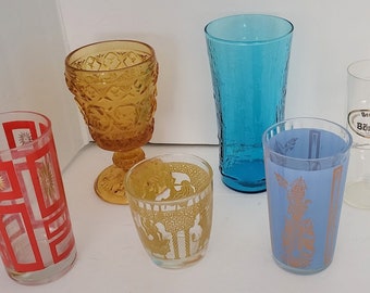 6 Vintage MCM Miscellaneous Glasses, Footed Arabesque, Blue Bamboo Pagoda, Blue Siam, Brauhaus, Jeanette Atomic Starburst, Bullfighter Rocks