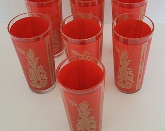 7 Vintage 1960's Culver Ltd  Siam Thai Dancer 16 oz  Hi Ball Drink Tumbler Glasses