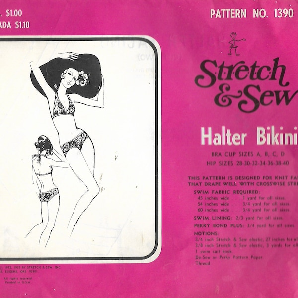 1972-73 Stretch & Sew 1390 Retro Halter Bikini Sewing Pattern Sizes Bra Cup A-D Hip 28" - 40" UNCUT FF