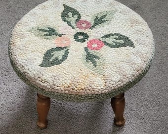 Vintage Hooked Rug Covered Foot Stool Ottoman Handmade Floral Cottage Core