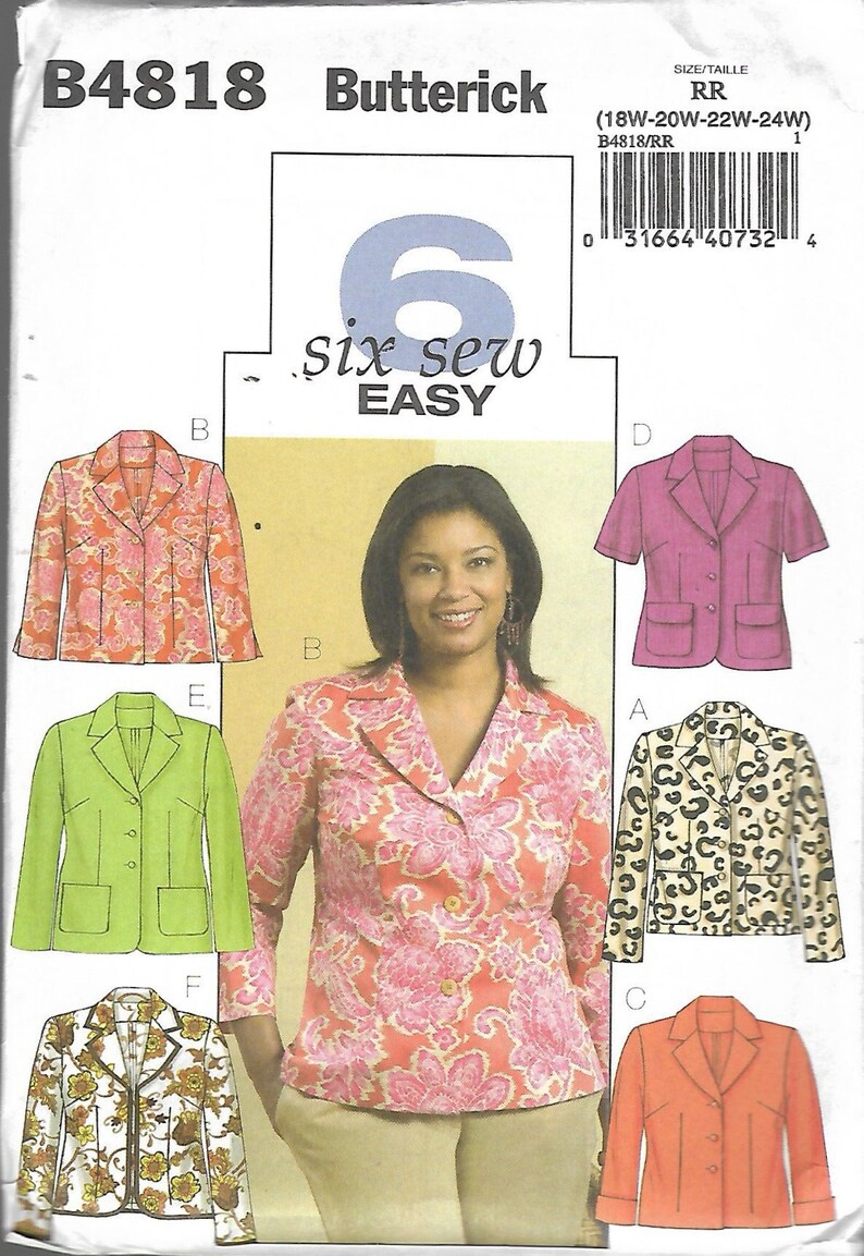 2006 Butterick 4818 Women's Jacket Sewing Pattern Sizes 18W 24W Bust 40 46 UNCUT FF image 1