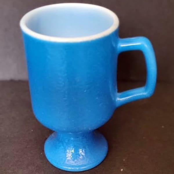 1960's MCM Anchor Hocking Blue Textured Milk Glass Irish Coffee Pedestal Mug