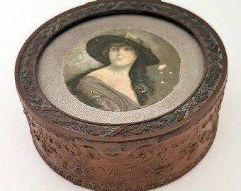 Antique 1900 French Copper Over Brass Trinket Box Lined Woman's Portrait Marked France