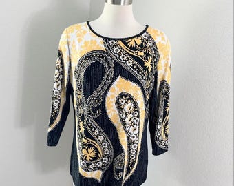 Bob Mackie Wearable Art Yellow & Black Paisley Top Size XXS