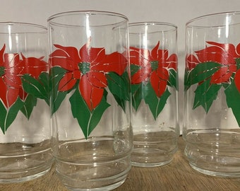 Vintage 1970's Set of 4 Indiana Glass Christmas Poinsettia 5 1/2" Tall Tumblers Drinking Glasses